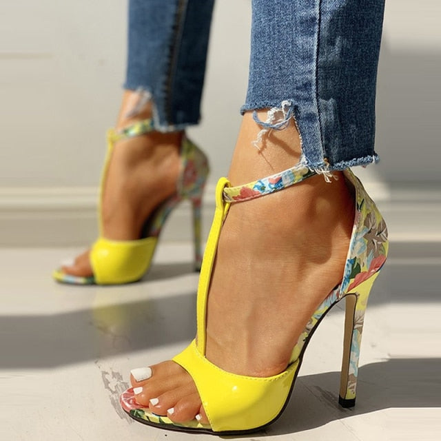 Sexy Women T-strap Floral Print Sandals 2023 Summer Fashion Super High Heels Open Toe Gladiator Shoes Woman Party Pumps