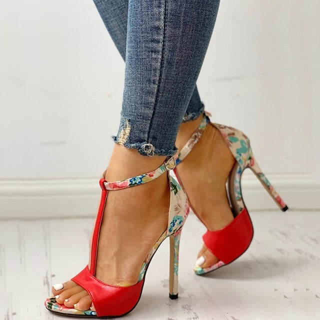 Sexy Women T-strap Floral Print Sandals 2023 Summer Fashion Super High Heels Open Toe Gladiator Shoes Woman Party Pumps