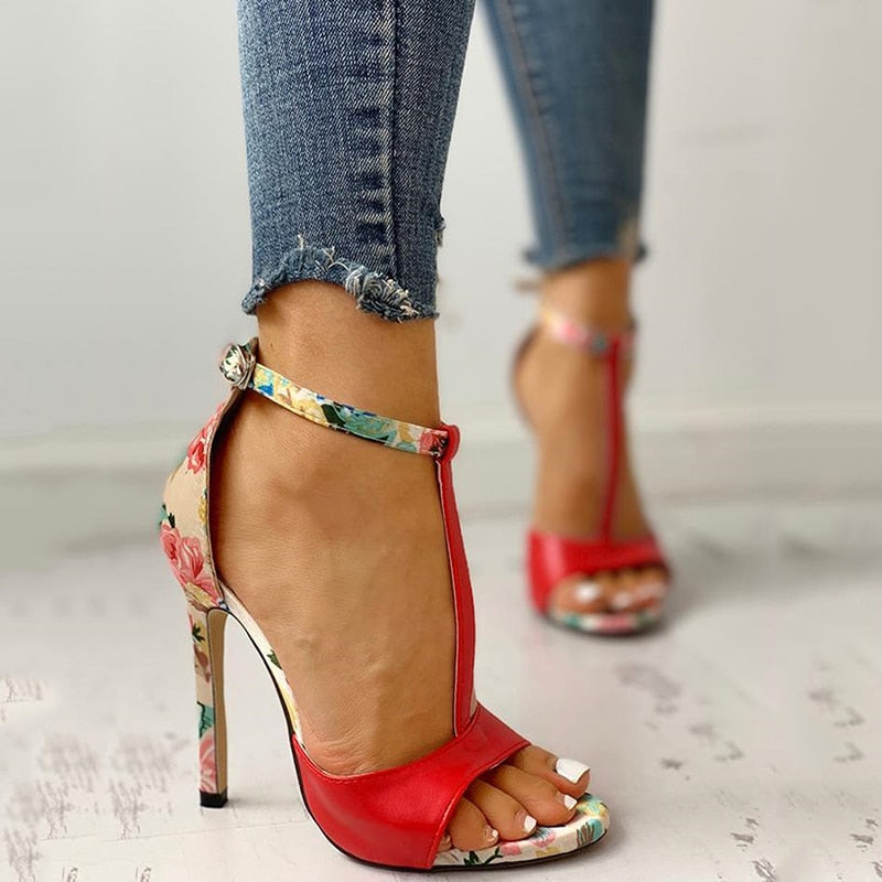 Sexy Women T-strap Floral Print Sandals 2023 Summer Fashion Super High Heels Open Toe Gladiator Shoes Woman Party Pumps