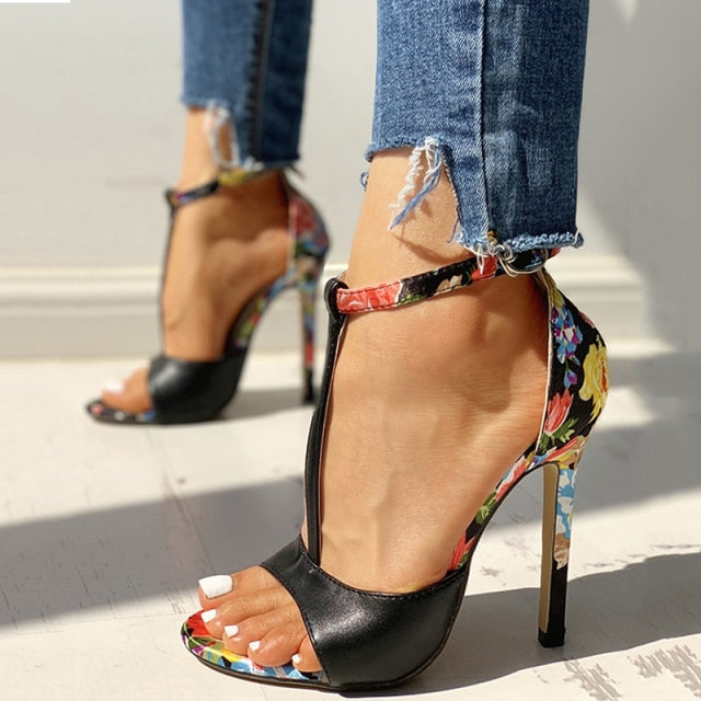 Sexy Women T-strap Floral Print Sandals 2023 Summer Fashion Super High Heels Open Toe Gladiator Shoes Woman Party Pumps