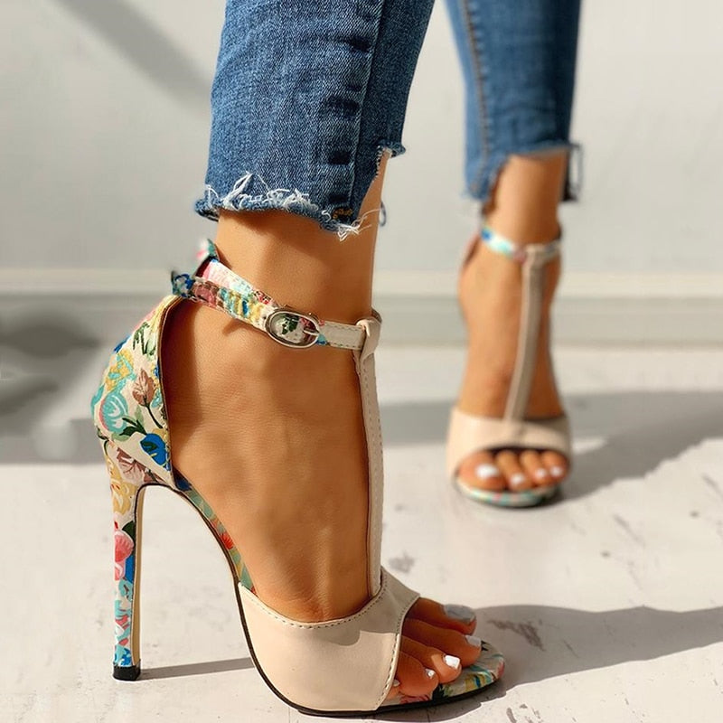 Sexy Women T-strap Floral Print Sandals 2023 Summer Fashion Super High Heels Open Toe Gladiator Shoes Woman Party Pumps